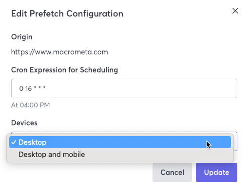 Prerendering Update Prefetching Configuration